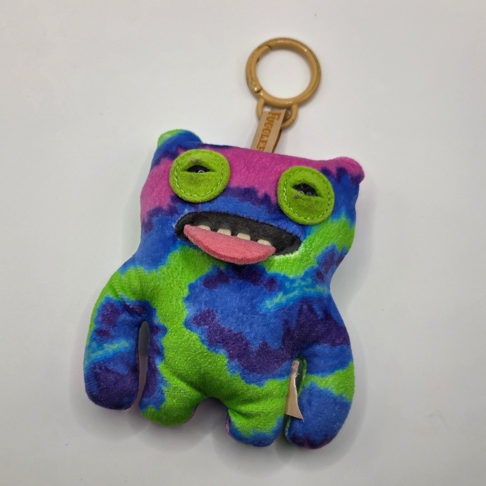 Fuggler Monster Keychain Tie Dye Blue Green Pink Teeth Plush 4.5x5in